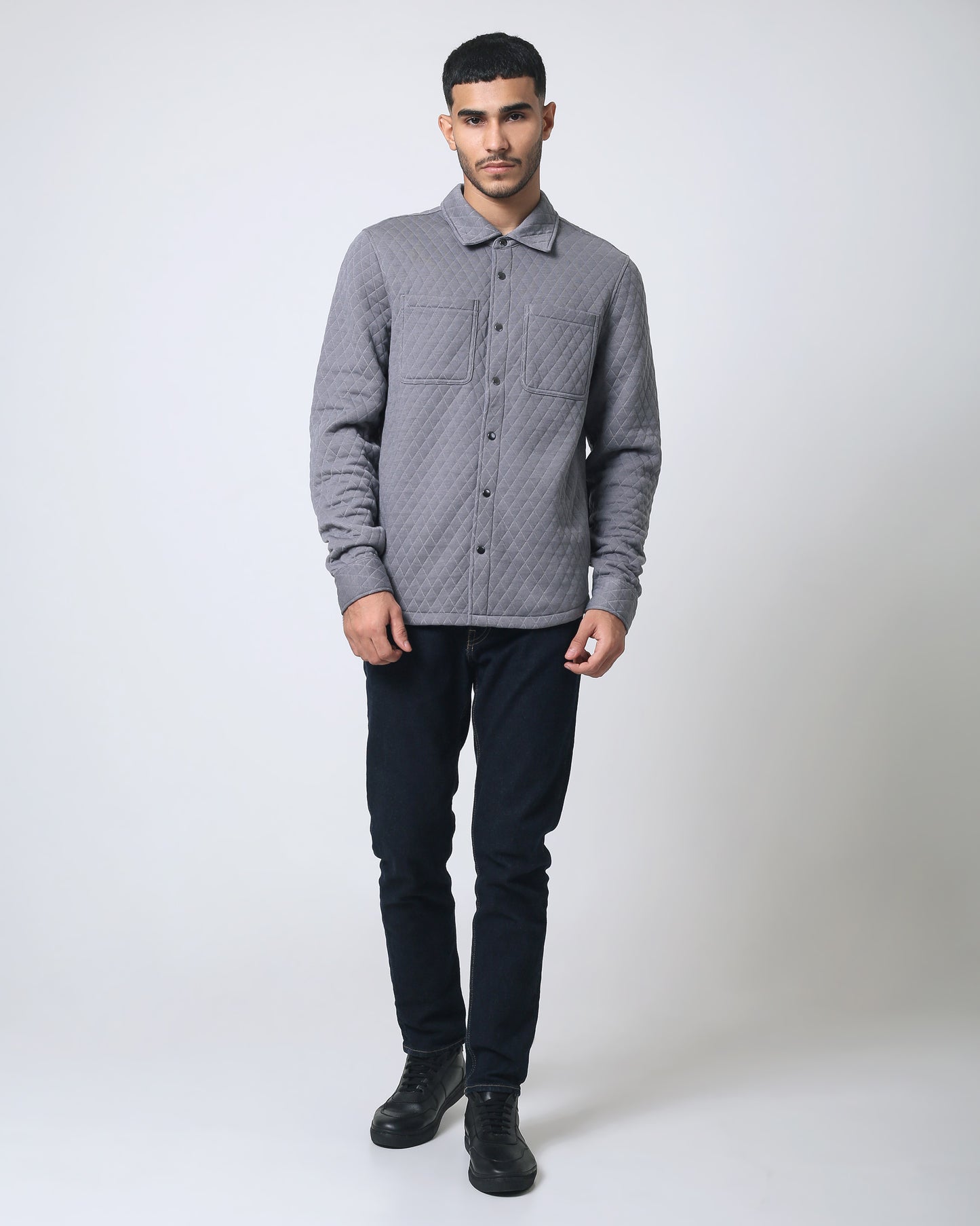 Quieti regular fit, Grey Heather diamond Quilted Jacquard with snal closure shirt jacket