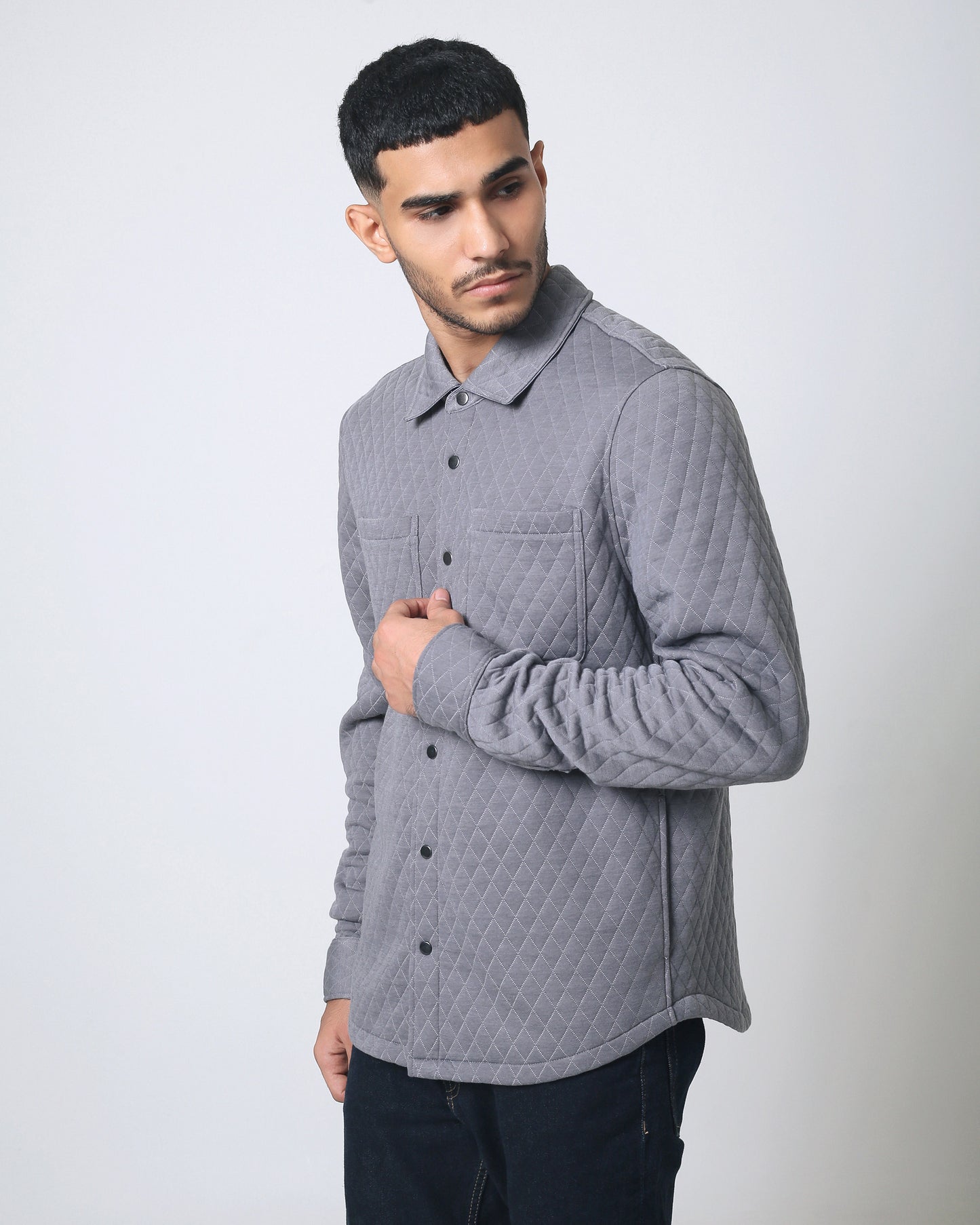 Quieti regular fit, Grey Heather diamond Quilted Jacquard with snal closure shirt jacket