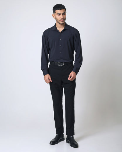 Quieti Modern Fit, Black Stretch Solid dobby texture, Long Sleeve Knit Shirt in Woven style