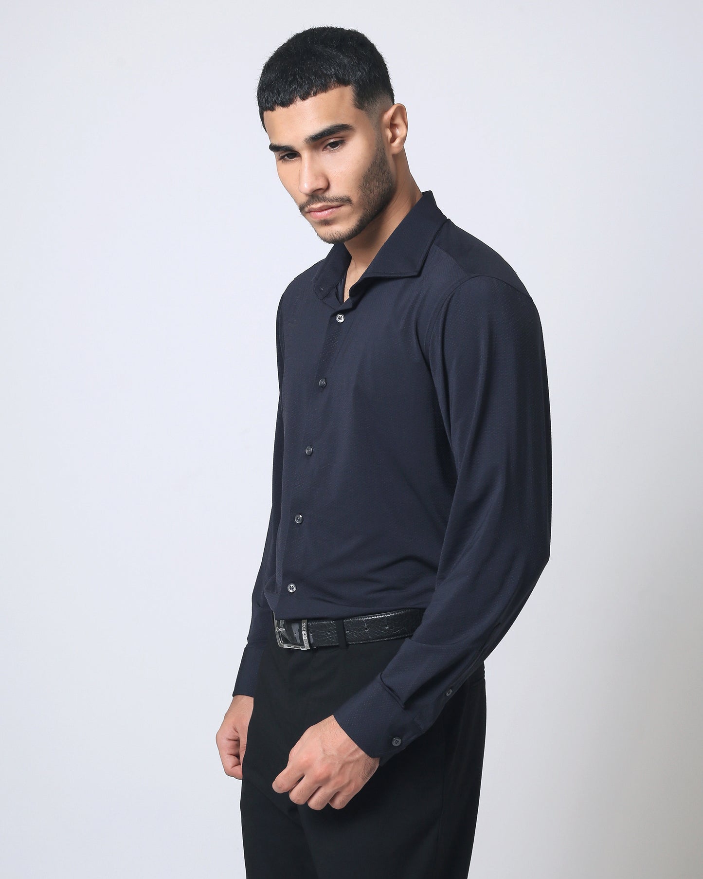 Quieti Modern Fit, Black Stretch Solid dobby texture, Long Sleeve Knit Shirt in Woven style