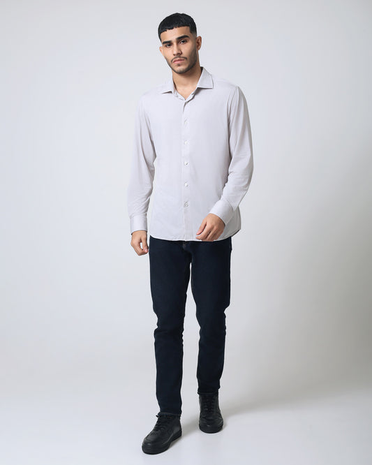 Quieti Modern Fit, Grey, Stretch Solid dobby texture, Long Sleeve Knit Shirt in Woven style