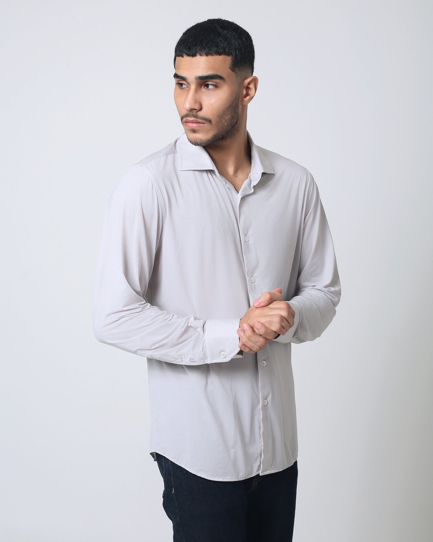 Quieti Modern Fit, Grey, Stretch Solid dobby texture, Long Sleeve Knit Shirt in Woven style