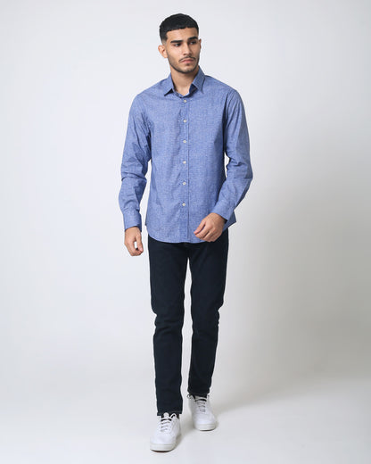 Quieti Performance Blue solid textured Print, Long Sleeve Woven Shirt