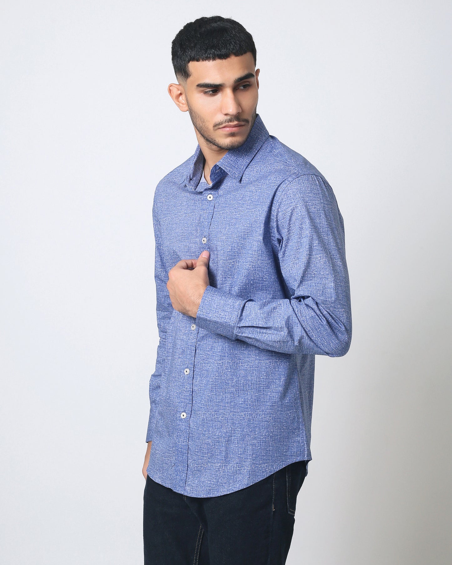 Quieti Performance Blue solid textured Print, Long Sleeve Woven Shirt