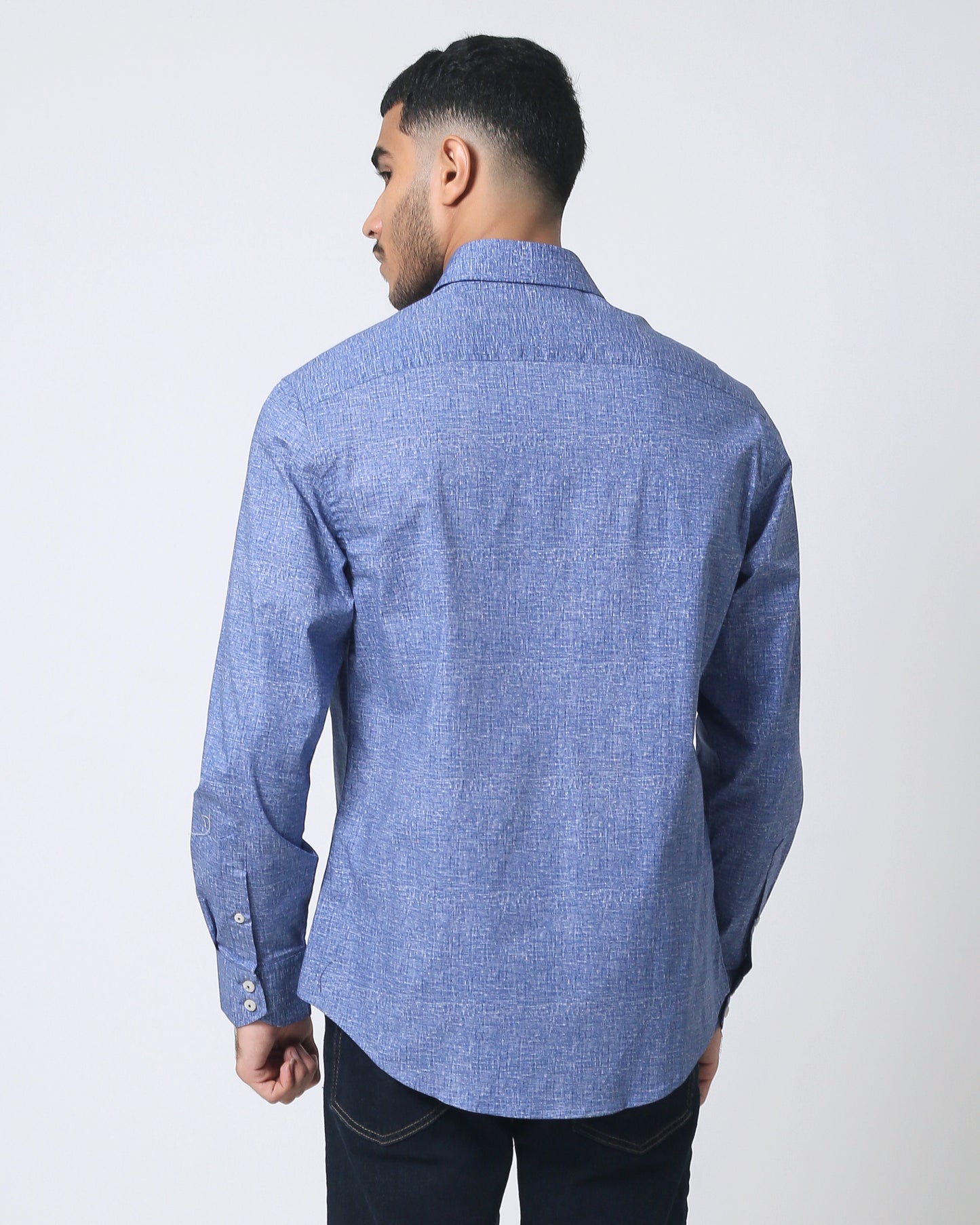 Quieti Performance Blue solid textured Print, Long Sleeve Woven Shirt