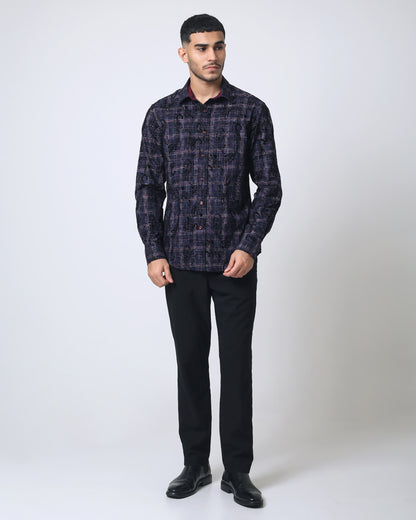 Quieti Modern Fit, Navy Solid dobby texture, Long Sleeve Knit Shirt in Woven style