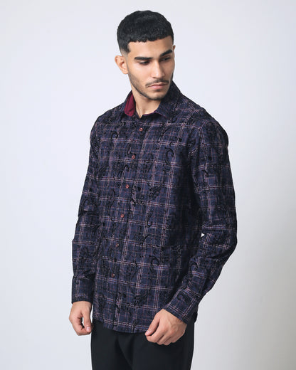 Quieti Modern Fit, Navy Solid dobby texture, Long Sleeve Knit Shirt in Woven style