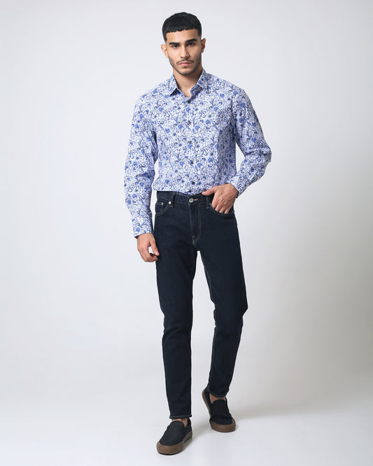 Quieti Performance Blue Floral Print, Long Sleeve Woven Shirt