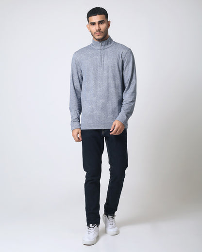 Quieti Regular Fit, Dark Denim Heather Herringbone Jacquard Knit, Long Sleeve 1/4 zip Pull Over