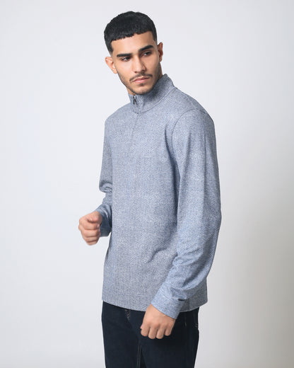 Quieti Regular Fit, Dark Denim Heather Herringbone Jacquard Knit, Long Sleeve 1/4 zip Pull Over