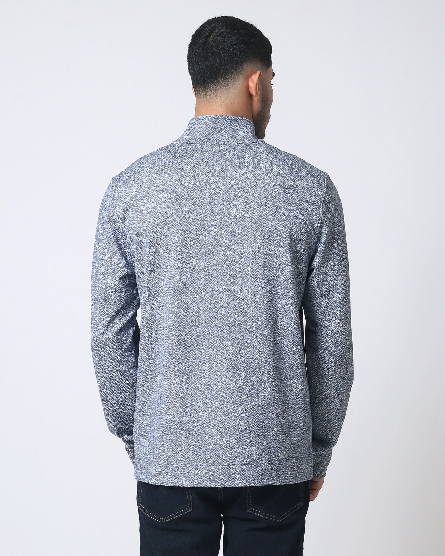 Quieti Regular Fit, Dark Denim Heather Herringbone Jacquard Knit, Long Sleeve 1/4 zip Pull Over