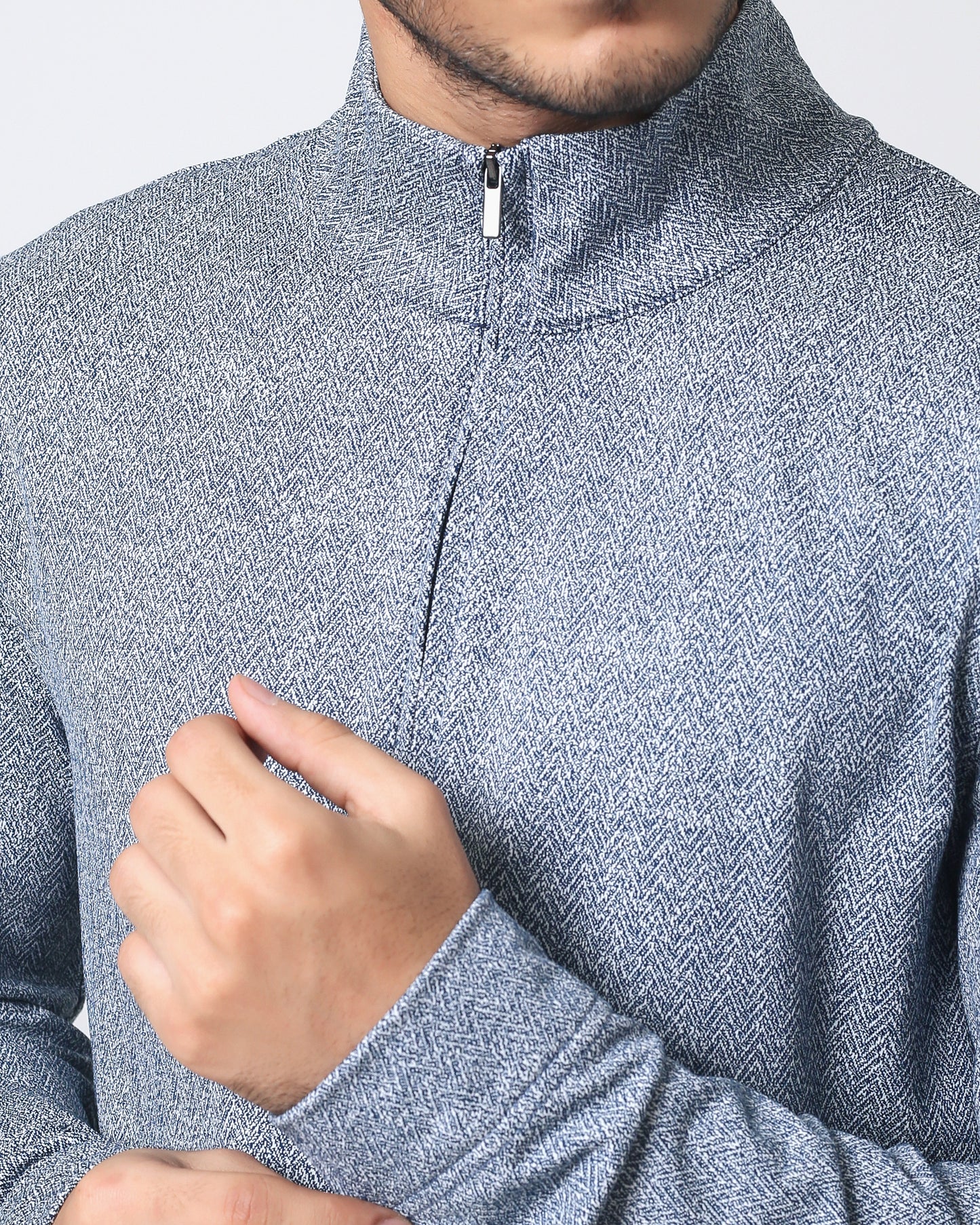 Quieti Regular Fit, Dark Denim Heather Herringbone Jacquard Knit, Long Sleeve 1/4 zip Pull Over