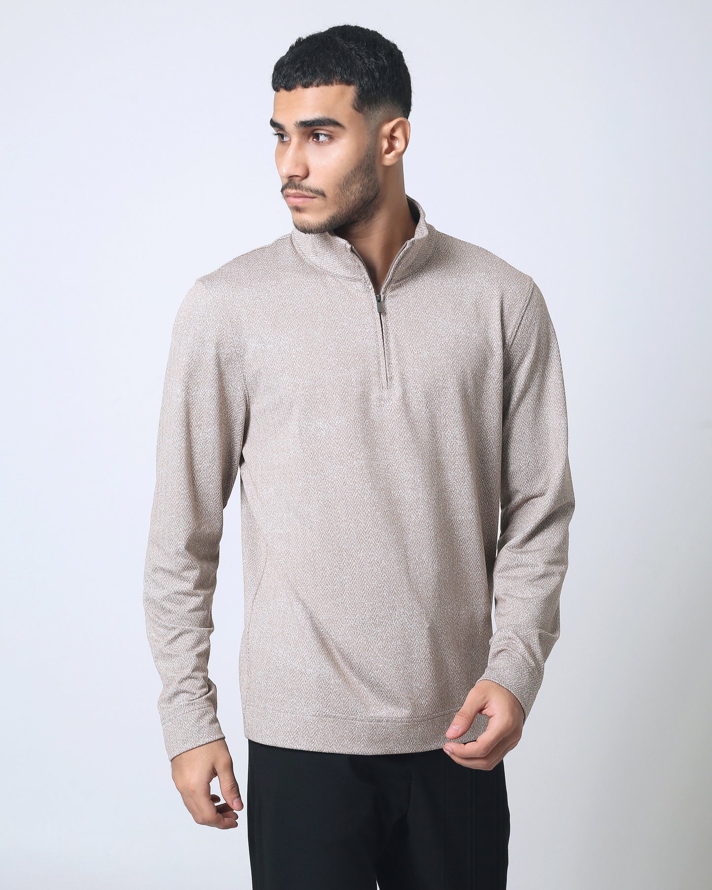 Quieti Regular Fit, Otter Heather Herringbone Jacquard Knit, Long Sleeve 1/4 zip Pull Over