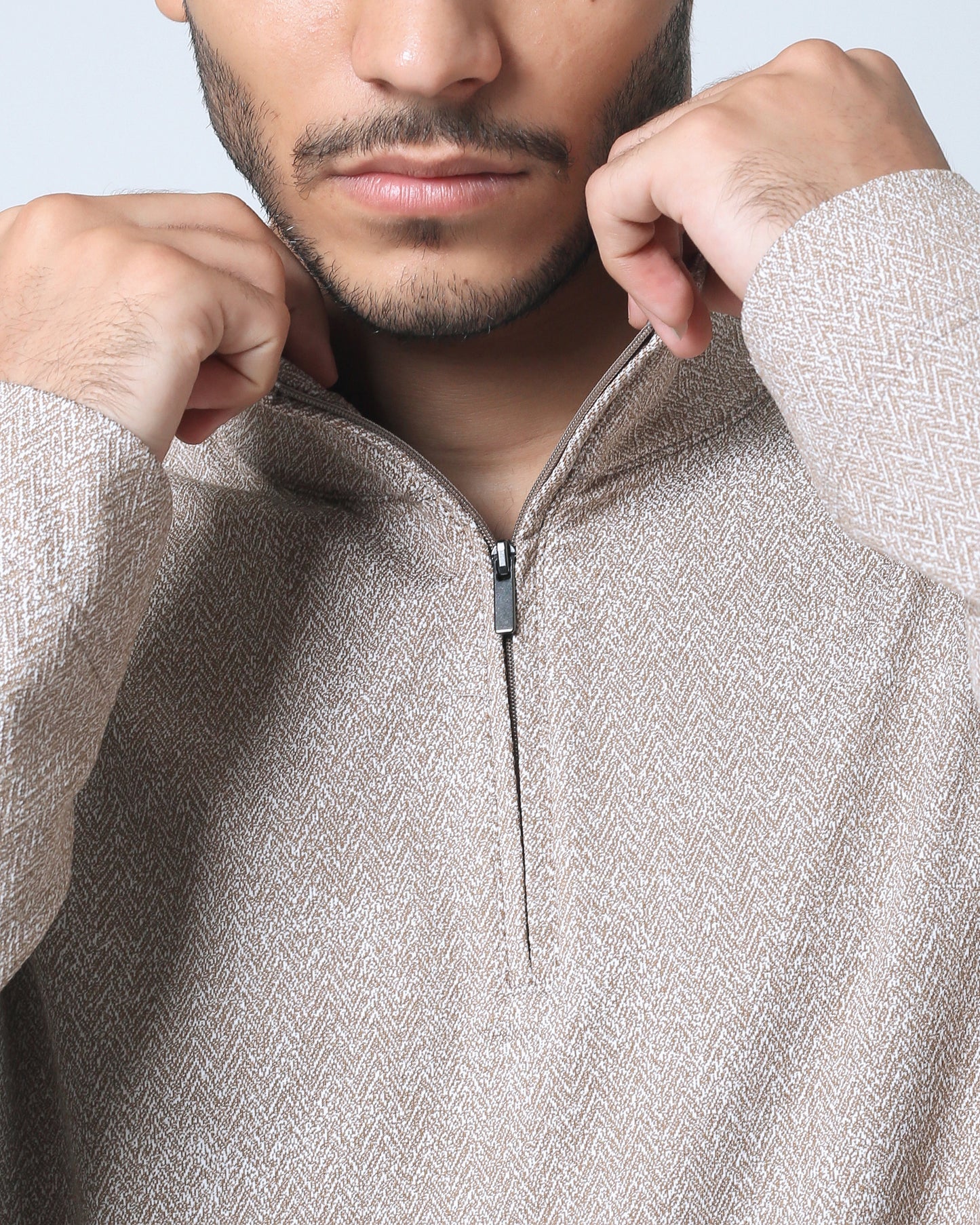 Quieti Regular Fit, Otter Heather Herringbone Jacquard Knit, Long Sleeve 1/4 zip Pull Over