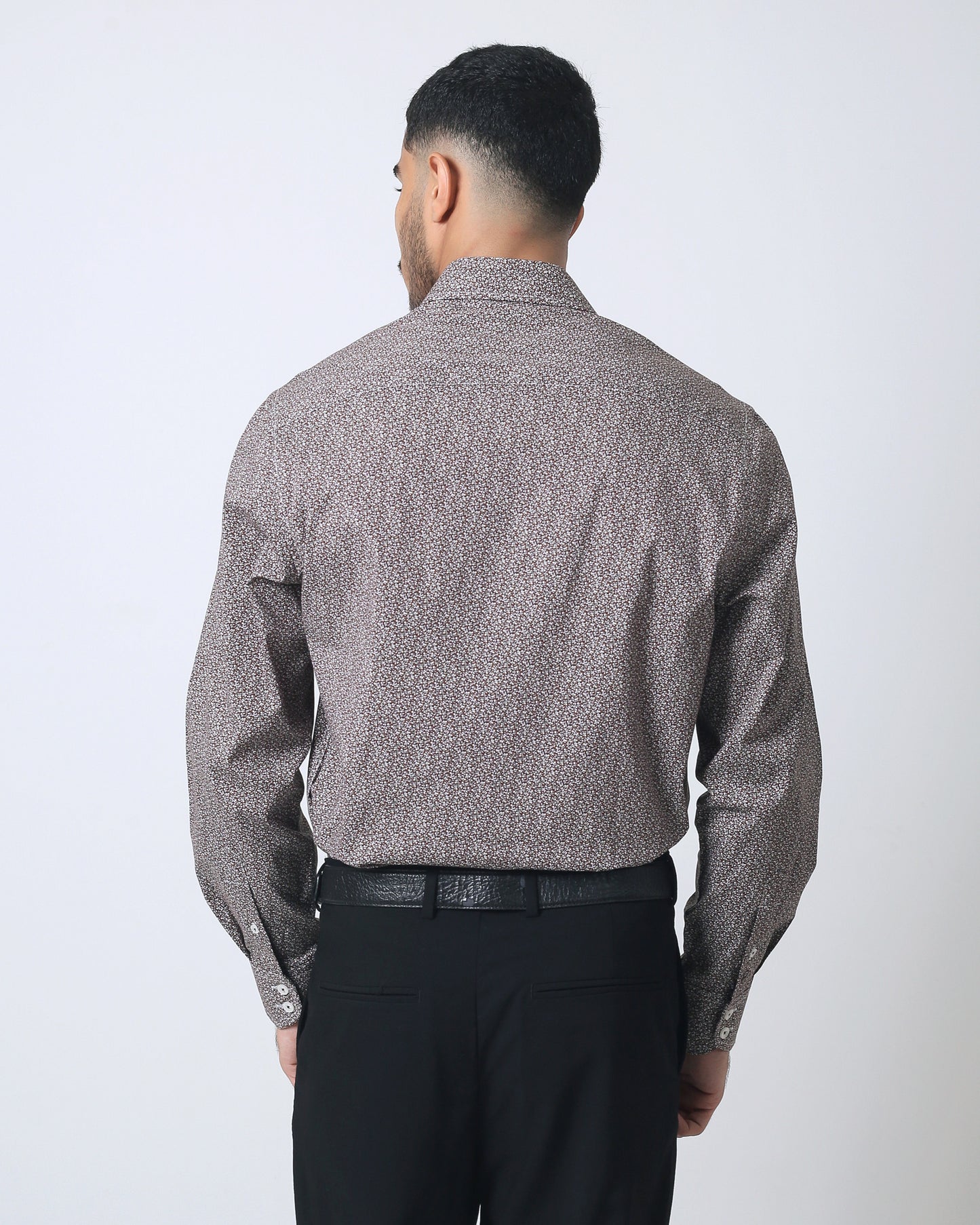 Quieti Brown Floral Print, Long Sleeve Woven Shirt