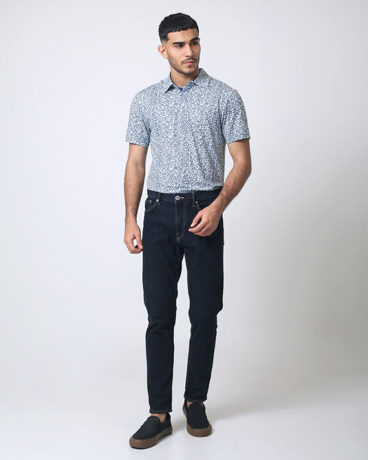 Quieti Performance Blue Floral Print, Long Sleeve Woven Shirt