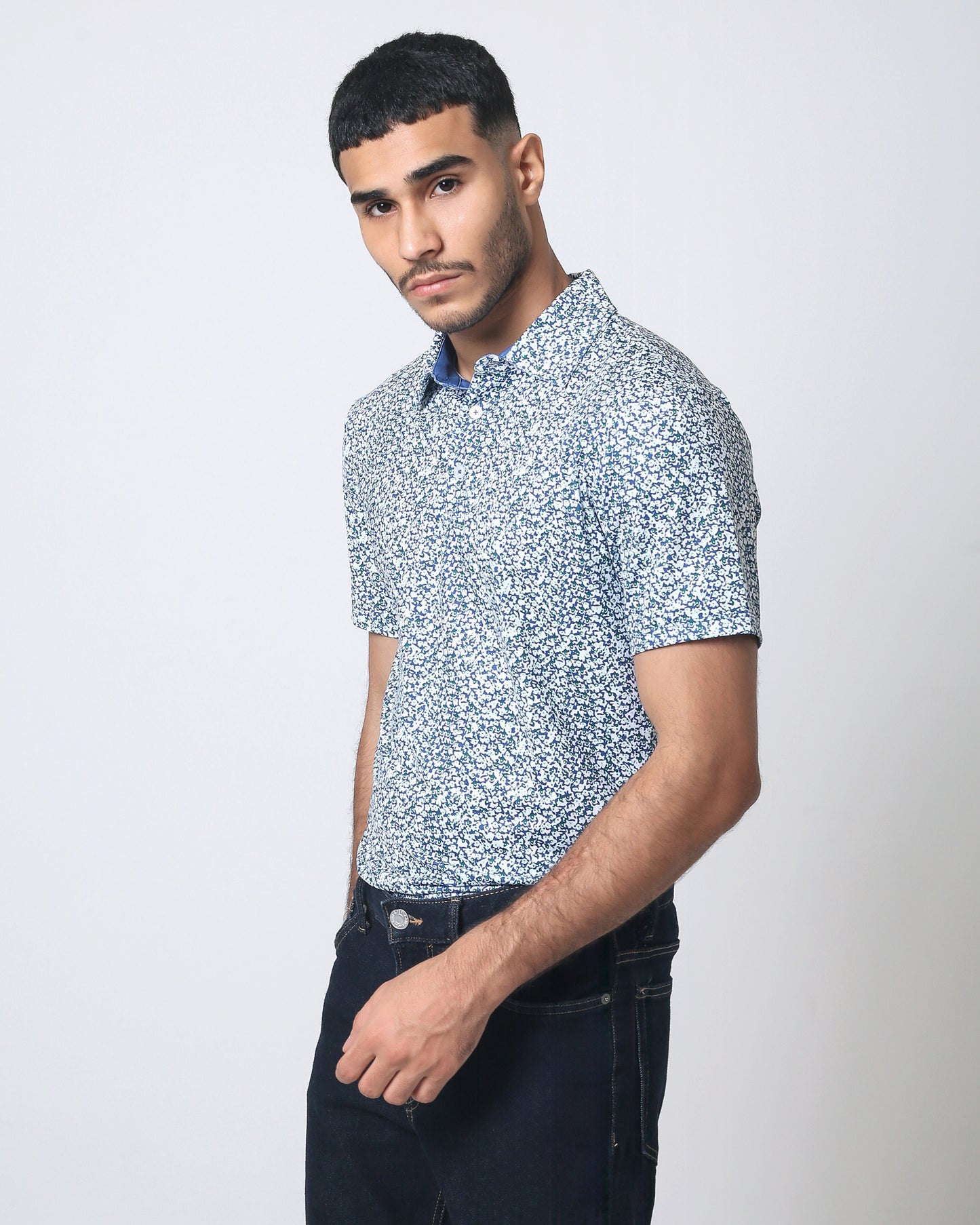 Quieti Performance Blue Floral Print, Long Sleeve Woven Shirt