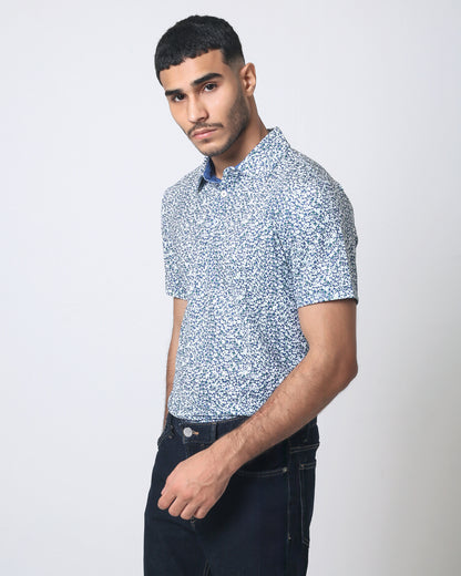 Quieti Performance Blue Floral Print, Long Sleeve Woven Shirt