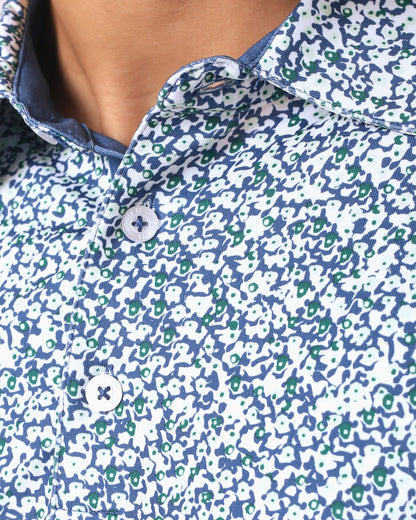 Quieti Performance Blue Floral Print, Long Sleeve Woven Shirt