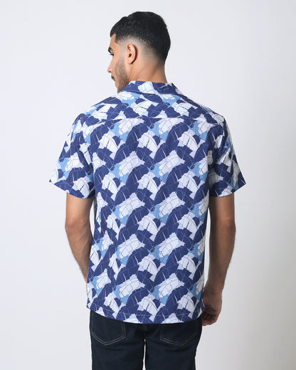 Quieti Performance Blue Leaf print, Short Sleeve Perforated Woven Shirt