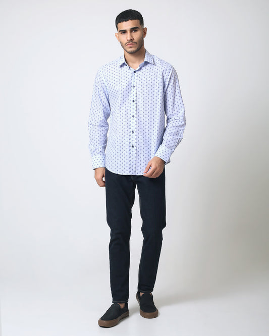 Quieti Modern Fit, Blue Geo Print, Long Sleeve Woven Shirt