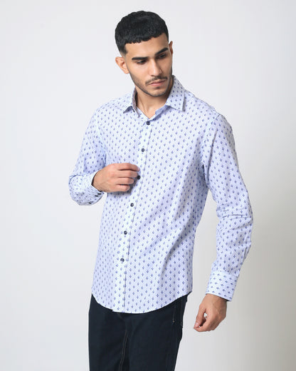 Quieti Modern Fit, Blue Geo Print, Long Sleeve Woven Shirt