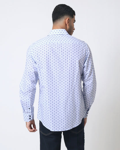 Quieti Modern Fit, Blue Geo Print, Long Sleeve Woven Shirt