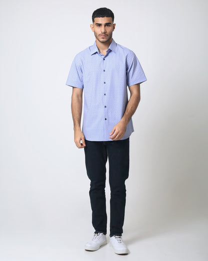 Quieti Performance Blue geo Print, Short Sleeve Woven Shirt