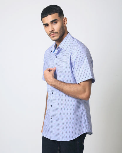 Quieti Performance Blue geo Print, Short Sleeve Woven Shirt