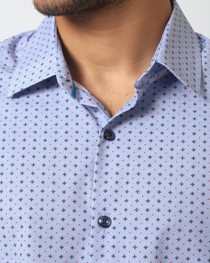 Quieti Performance Blue geo Print, Short Sleeve Woven Shirt