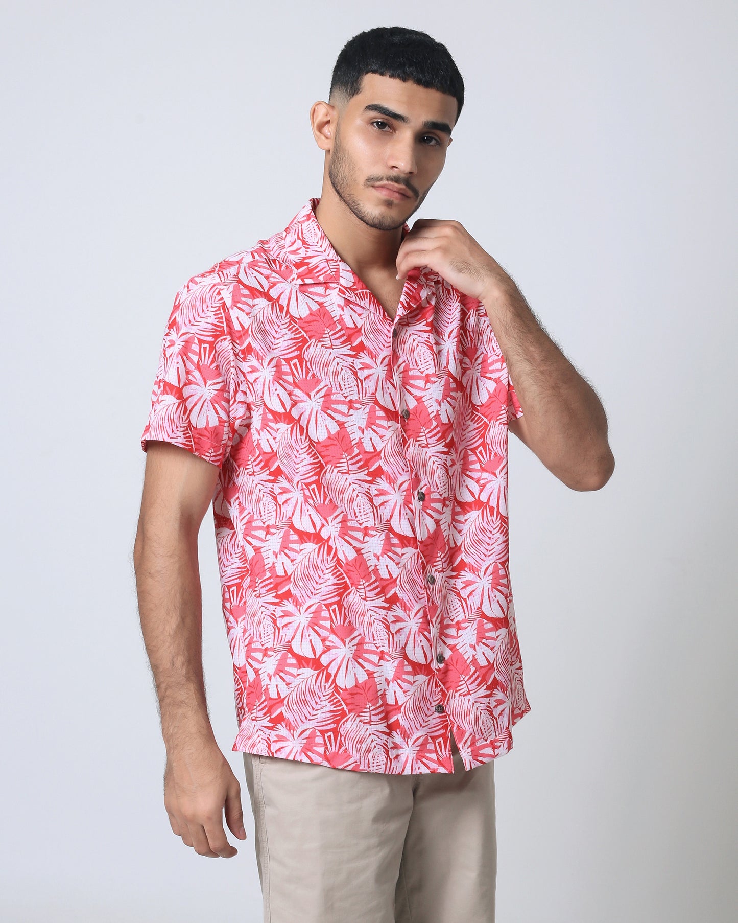 Quieti Performance Red Leaf print, Short Sleeve Perforated Woven Shirt