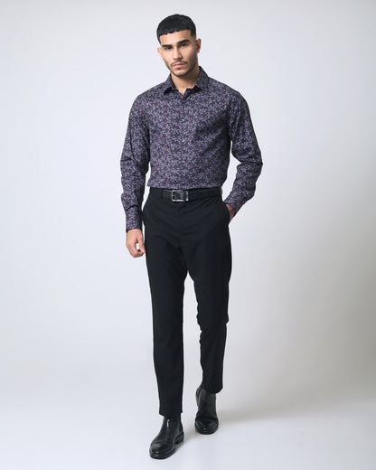 Quieti Black Pine leave Print, Long Sleeve stretch Woven Shirt