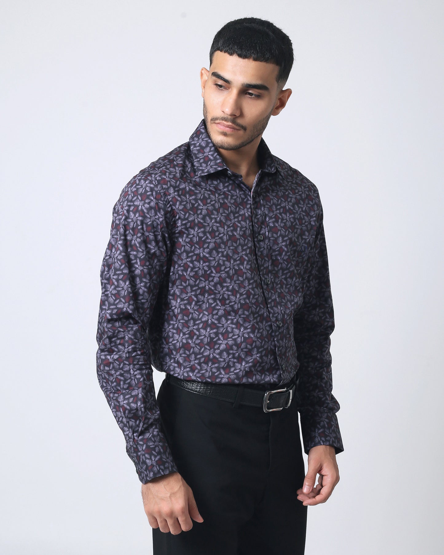 Quieti Black Pine leave Print, Long Sleeve stretch Woven Shirt