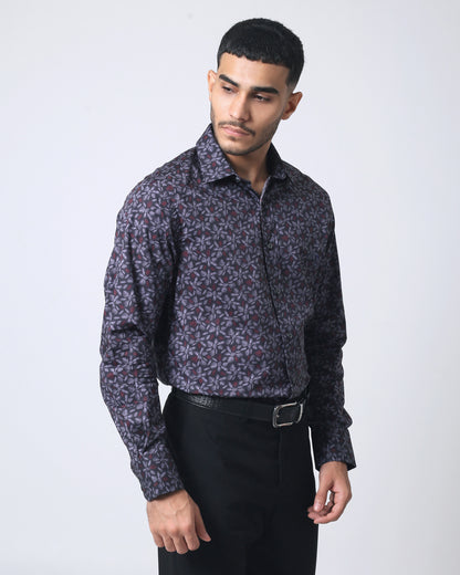 Quieti Black Pine leave Print, Long Sleeve stretch Woven Shirt