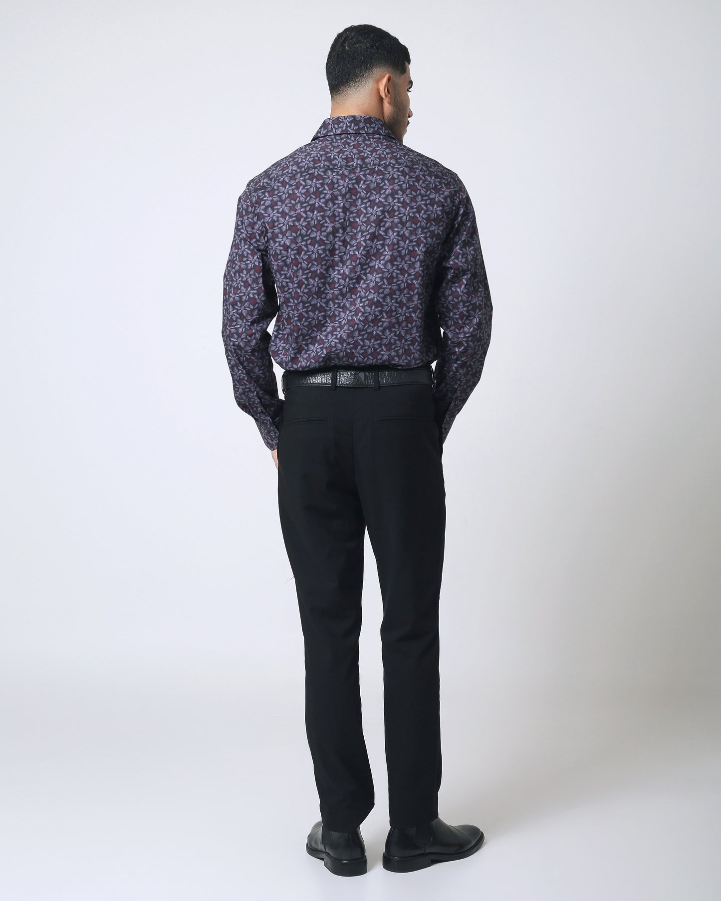 Quieti Black Pine leave Print, Long Sleeve stretch Woven Shirt