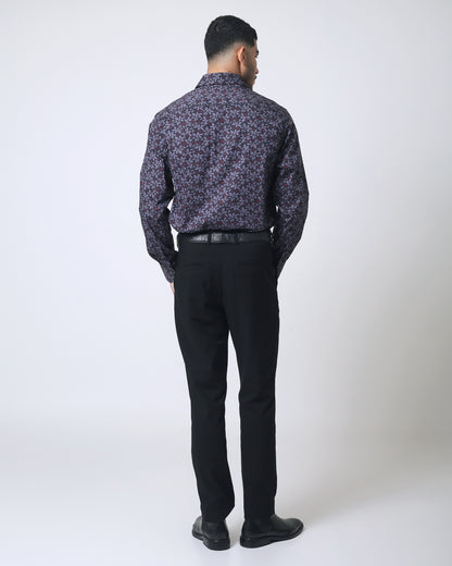 Quieti Black Pine leave Print, Long Sleeve stretch Woven Shirt