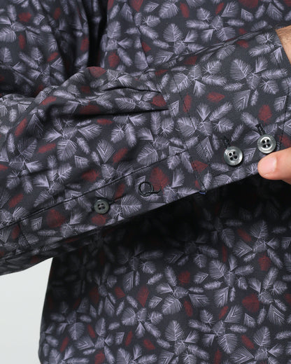 Quieti Black Pine leave Print, Long Sleeve stretch Woven Shirt