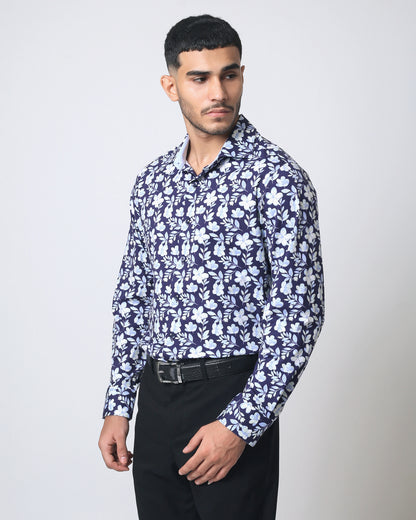 Quieti Modern Fit, Navy Floral print, Long Sleeve Knit Shirt in Woven style