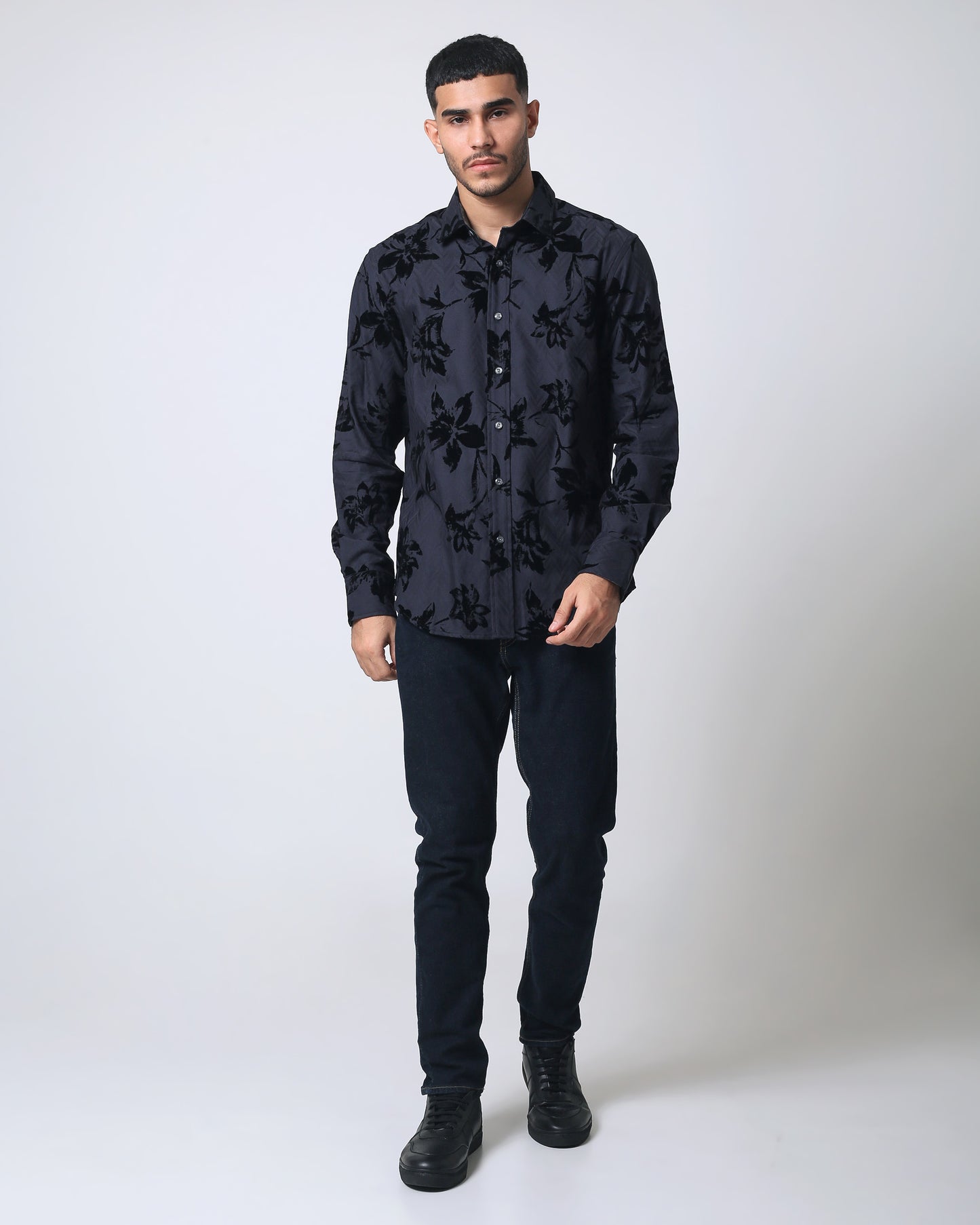 Quieti Black Paisley Flock Print, Long Sleeve Woven Shirt