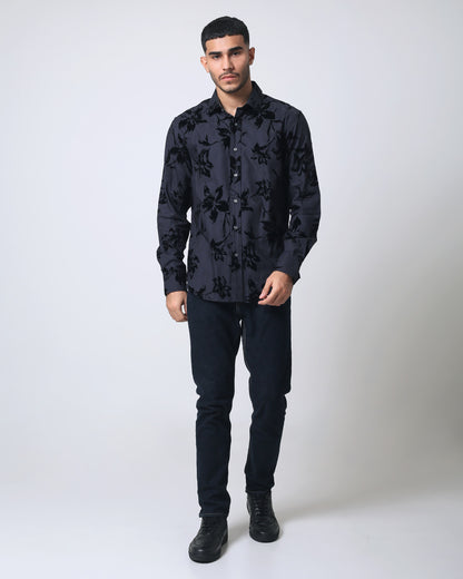 Quieti Black Paisley Flock Print, Long Sleeve Woven Shirt