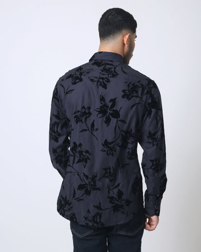 Quieti Black Paisley Flock Print, Long Sleeve Woven Shirt