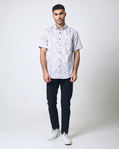 Quieti Blue Flock Print, Long Sleeve stretch Woven Shirt