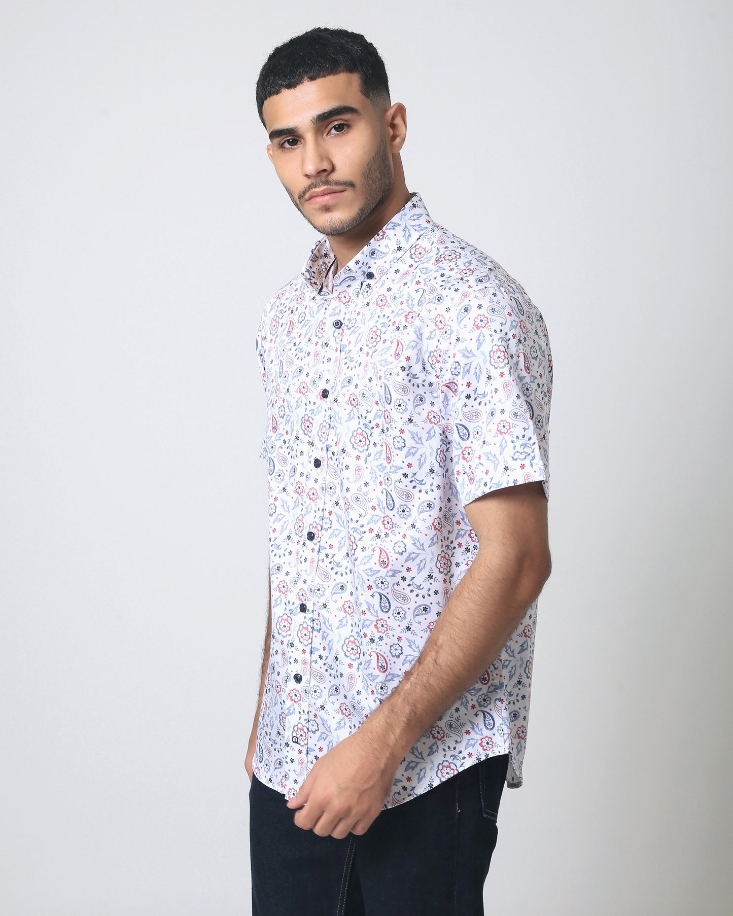 Quieti Blue Flock Print, Long Sleeve stretch Woven Shirt