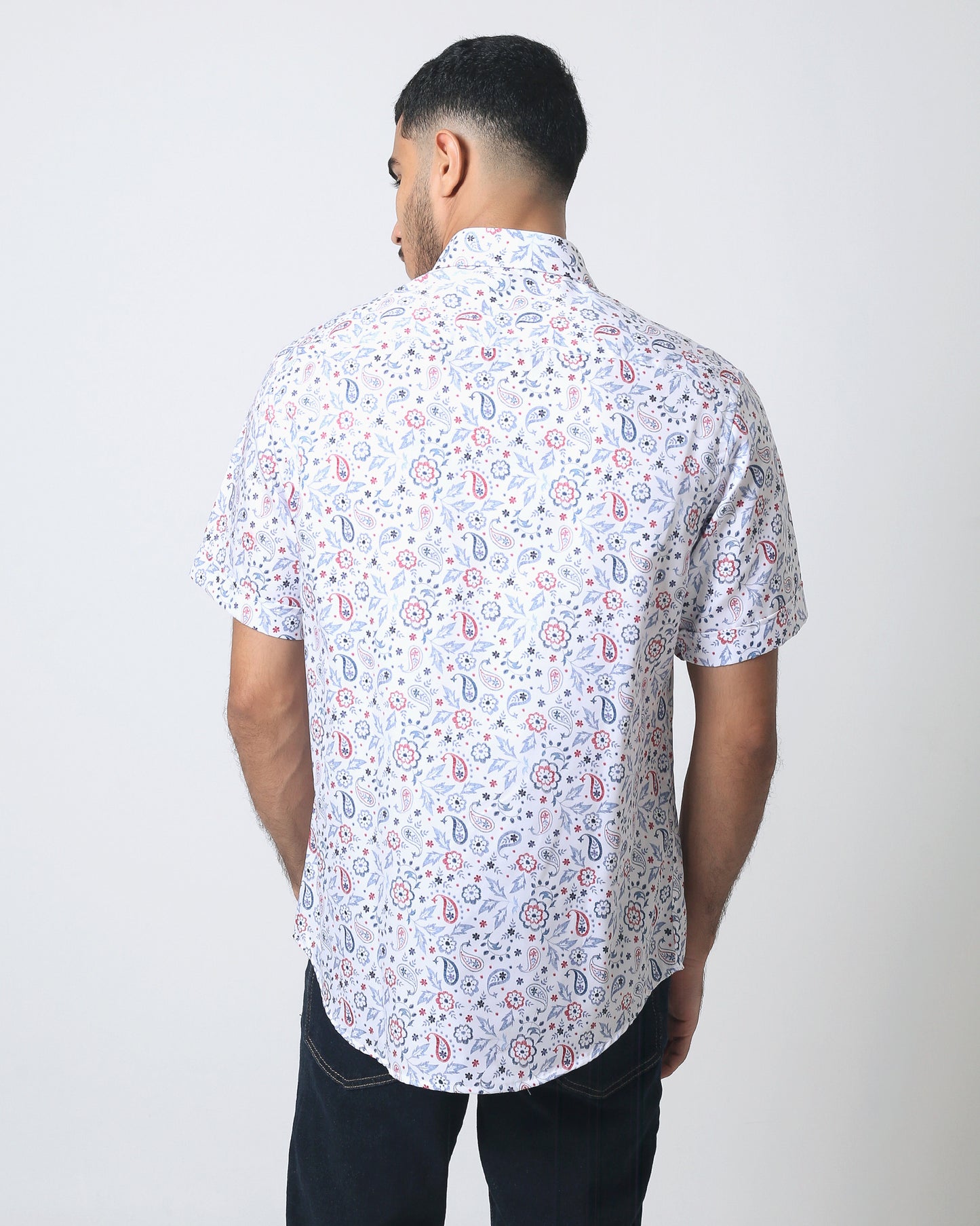 Quieti Blue Flock Print, Long Sleeve stretch Woven Shirt