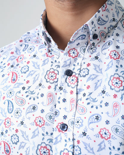 Quieti Blue Flock Print, Long Sleeve stretch Woven Shirt