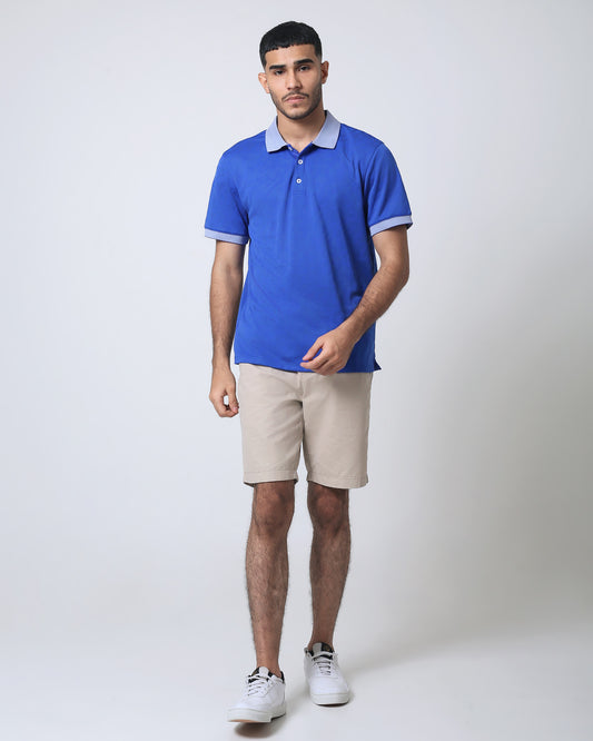 Quieti Performance Regular Fit, Solid Blue double jacquard Knit, 3 button Short Sleeve Polo