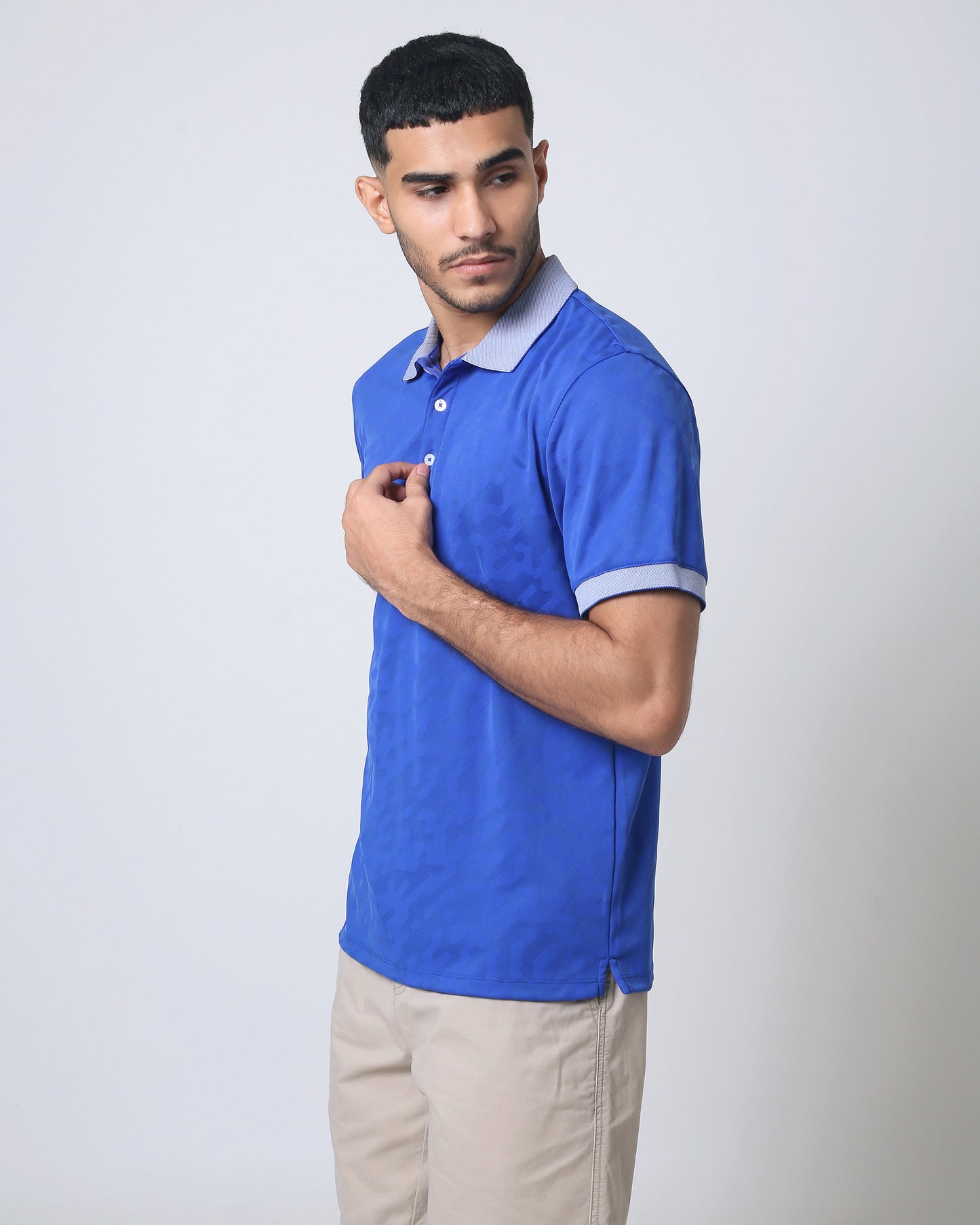 Quieti Performance Regular Fit, Solid Blue double jacquard Knit, 3 button Short Sleeve Polo