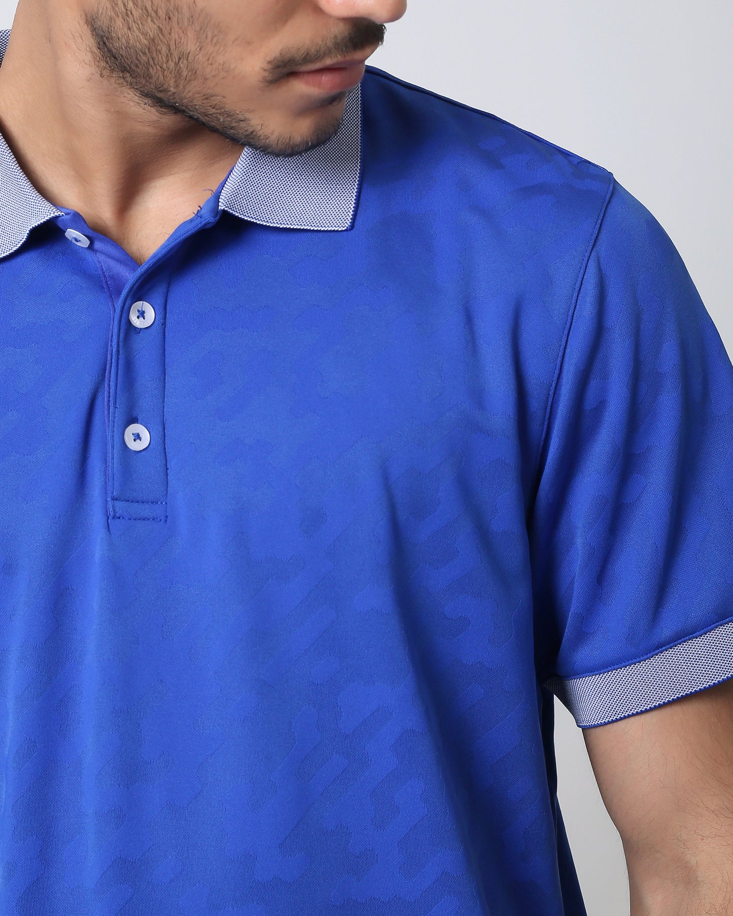 Quieti Performance Regular Fit, Solid Blue double jacquard Knit, 3 button Short Sleeve Polo