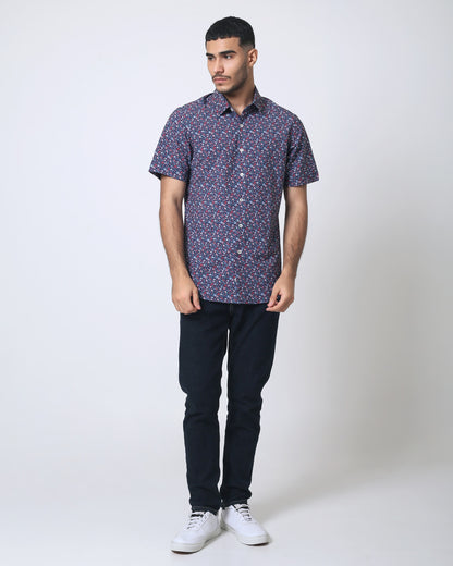 Quieti Performance Navy Floral Print, Short Sleeve Woven Shirt