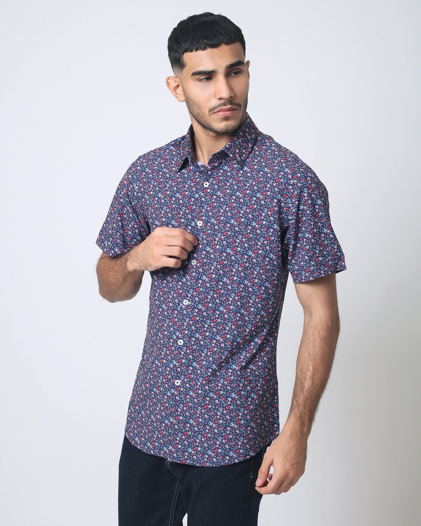 Quieti Performance Navy Floral Print, Short Sleeve Woven Shirt